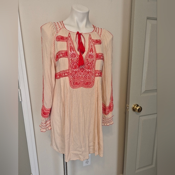 Free People Wind Willow Gauzey Split Neckline Embroidered Tunic Mini Dress(S) - Picture 2 of 10